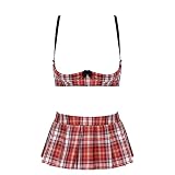 Aiihoo Damen Sexy Schulmädchen Dessous Set Hebe BH Offene Brust Bra mit Karierte Faltenrock Lingerie Negligee Reizwäsche Cosplay Kostüm Rot&Weiß Einheitsgröße