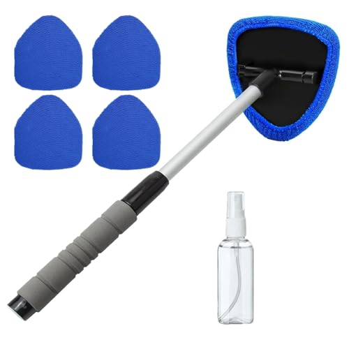 Car Window Cleaner,Window Cleaner,6 Pcs Car Cleaning Kit Windscreen Cleaner with 4 Reusable Washable Pads,Rotating Head Telescopic Windscreen Cleaner Tool,Detachable Handle Car Windscreen Cleaner Kit