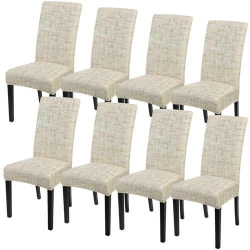 Image of SearchI Dining Room Chair Covers Set of 8, Stretch Printed Parsons Chair Slipcovers Removable Washable Kitchen Chair Protector Cover for Dining Room, Hotel, Ceremony (Flaxen Print)