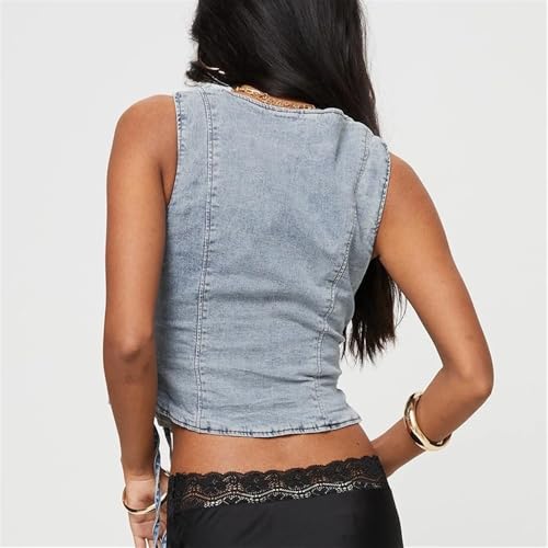 Women's Y2K Denim Vest V-Neck Sleeveless Top with Side Tie Vintage Low-Cut Summer Streetwear(X-Large)4