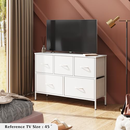 Image of WLIVE Dresser with 5 Drawers, Dressers for Bedroom, Fabric Storage Tower, Hallway, Entryway, Closets, Sturdy Steel Frame, Wood Top, Easy Pull Handle (White)