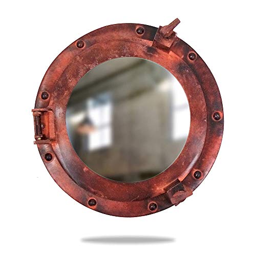 Coastal Space Designs Ship Porthole Window with Mirror 11 inch Antique Red - Brown - Boat Window Nautical Ship Décor