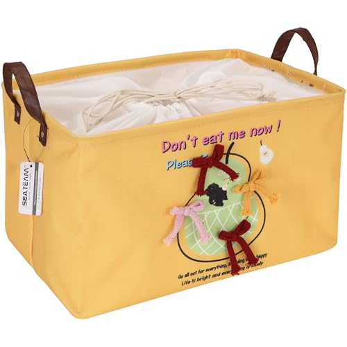 Sea Team Adorable Print & Dopamine Color Canvas Storage Basket with Drawstring, Rectangle Collapsible Laundry Hamper with PU Leather Handles for Kids Room, Shelf, Closet
