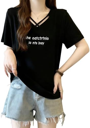 YUCHENG Women's Short Sleeve T-Shirt, V-Neck, Loose Cotton, Cut and Sew Top, Simple, Breathable, Thin, Slim, Large Size, Korean Style, Fashion Summer Clothes