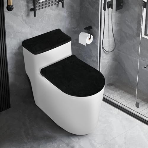 timecity Toilet Lid Cover Toilet Tank Cover Stretch Velvet Bathroom Toilet Lid Seat Cover Set Washable Soft Toilet Protector Cover,Fits Most Toilet Tanks & Lid, Black
