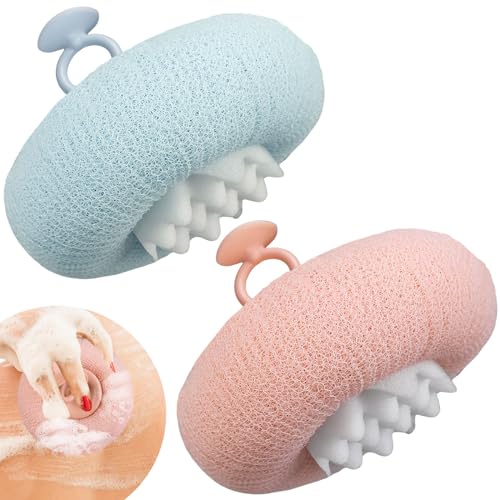 FWUNYVN - FWUNYVN 2Pcs Upgrade 2-in-1 Sunflower Bath Ball,Soft Bath Ball with Hanging and Adsorbable Suction Cup，Exfoliating Bath Sponges for Shower Women Men (Pink+Blue-Green)