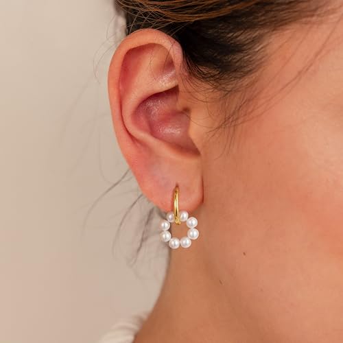Pearl Earrings for Women - Dainty Gold Earrings Trendy 14K Gold Plated Freshwater Pearl Dangle Hoop Stud Earrings for Women Wedding Jewelry Gift for Women