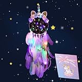 LED Lighted Up Unicorn Dream Catcher Wall Decor Colorful Feather Dreamcather Wall Hanging for Girls Kids Bedroom Decoration (Purple with Light)