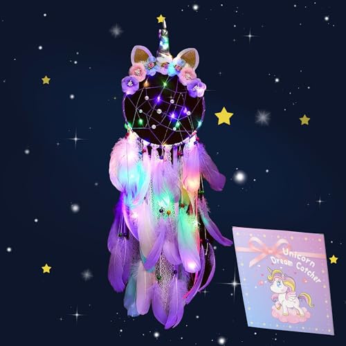 LED Lighted Up Unicorn Dream Catcher Wall Decor Colorful Feather Dreamcather Wall Hanging for Girls Kids Bedroom Decoration (Purple with Light)