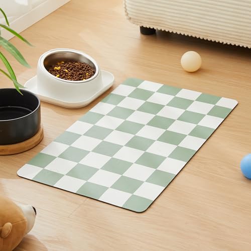 Ralxion Checkered Dog Feeding Mat Absorbent Mats for Dog Food and Water Bowl Dispenser Retro Modern Aesthetic Sage Green Checkerboard Pet Placemat for Dogs Cats Puppy Accessories 12 X19