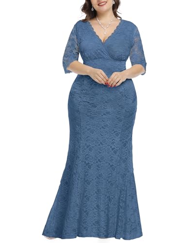 Image of Pinup Fashion Plus Size Formal Evening Dress Wedding Guest Bridal Gowns | Floral lace, wrap v-neck, 3 /4 sleeves, empire waist, mermaid floor length, side zipper