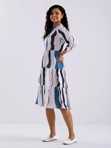 Image of AASK Women Diamond Creap Striped Printed Mandarin Collar Fit & Flare Dresss