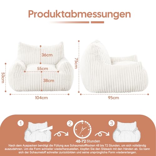 MeMoreCool Sitzsack XXL für Erwachsene, Groß Weiche Plüsch-Bean-Bag mit Füllung, Bequemes Bodensitzmöbel zum Spielen und Lesen, Sessel für Wohnzimmer oder Schlafzimmer oder Jugendzimmer, Beige