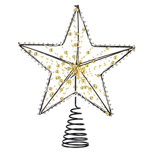 Roylvan Estrella para Copa del Árbol de Navidad con 20 Luces Cadenas Perlas Simétricas, 30 cm Adorno Navideño Iluminado Brillante Decoración Festival para Fiesta Navidad Alféizar Jardín, Negro+Dorado Cover