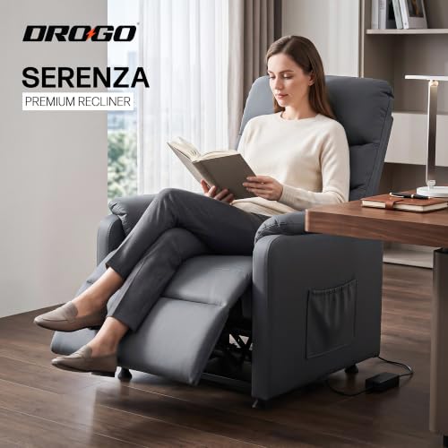 Image of DROGO Serenza Electric Motorised Recliner Sofa Chair 1 Seater for Home with Remote Control, Premium PU, Side Pocket, Padded Body, Cushion Armrest & Sturdy Footrest, 1Yr Warranty (Dark Grey)