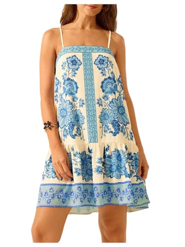Image of SHENHE Women's Floral Sundress Ruffle Hem Spaghetti Strap Loose Flowy Boho Cami Dress