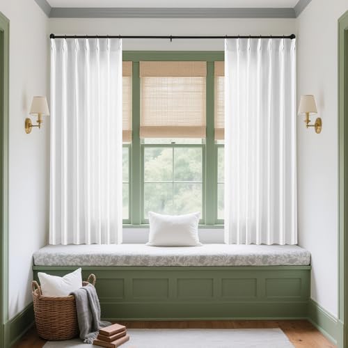 Image of Snow White Pinch Pleated Linen Curtains 2 Panels 63 Inch Length for Dining Living Room Memory Training Shaped Semi Sheer Short Pleat Drapes with Hooks Rings Small Bedroom Window Curtain 40x63