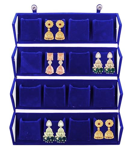 Image of atorakushon Velvet Jewellery Box 16 Pair Earring Organizer Makeup Travelling Vanity Ring Box Women And Girls (Blue)