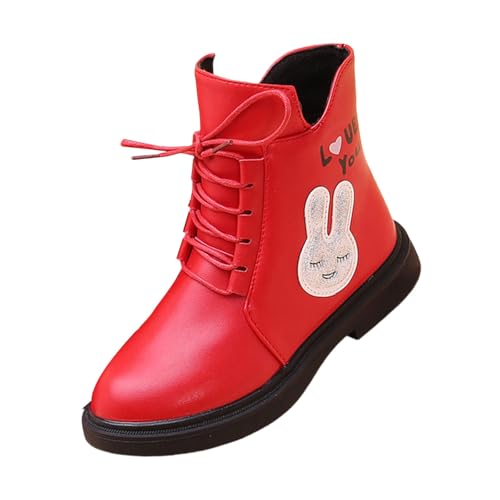 Kids Girls 𝐂ombat Ankle Boots Side Zipper Lace-Up Cute Cartoon Bunny Low Heel Boots Fall Winter Warm Soft Shoes