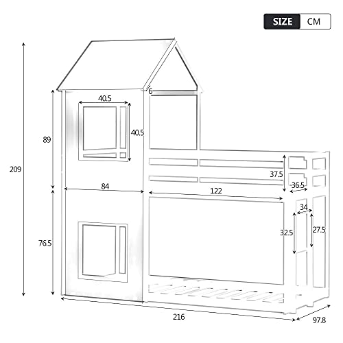 90 x 200 cm stapelbed huisbed, vloerdiep, met ladder en baldakijn (wit) - Afbeelding 3