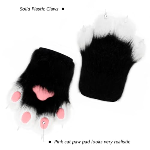 hbbhml Kunstpelz Plüsch pelzige Katze Kralle Handschuhe Fursuit Tier Fuchs Pfoten Fäustlinge Halloween Kostüm Zubehör für Erwachsene