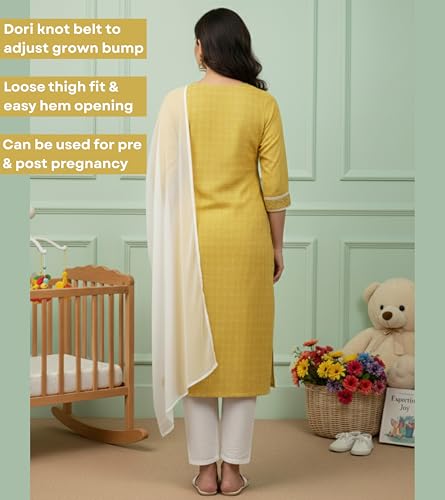 Image of DUMMY SHAPE Pregnancy Dresses for Women Cotton | Floral Maternity Kurta Pant Dupatta Set with Dual Nursing Zippers | Pre & Post Partum | Feeding Kurtis | Baby Shower | Gifts for Pregnant Woman