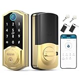SMONET Smart Keyless Entry Door Lock,Fingerprint Brass Smart Deadbolt with App Control,Electronic Touchscreen Keypad Biometric Smart Locks for Front Door,Gold