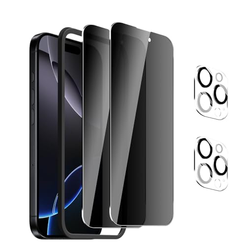 YYAWWNE 【2+2+1】 Protector Pantalla Privacidad para iPhone 16 Pro Max + Protector de Lente de Cámara con Marco de Instalación Fácil, Vidrio Templado, 9H, Antireflejo.