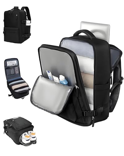 Mochila de Viagem Feminina Expansível 30-40L, Antifurto com Porta USB, Compartimento para Laptop 17.3', Aprovado como Bagagem de Mão, Leve 0.88kg, para Homens e Mulheres, Trabalho e Passeio (Preto)