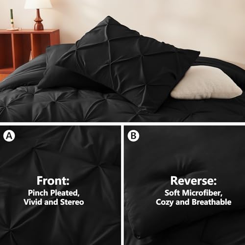 CozyLux King Size Comforter Set Black, 7 Pieces Pintuck Bed in A Bag Black Comforter King Size, Pinch Pleat Bedding Set with All Season Comforter, Sheets, Pillowcases & Shams