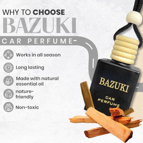 Image of Bazuki Car Perfume Hanging Pod 10 ml | Sandalwood Car Air Freshener with Essential Oils | Black Glass Bottle & Wooden Lid | Long Lasting Fragrance up to 60 Days | Refillable & Leak-Proof Design