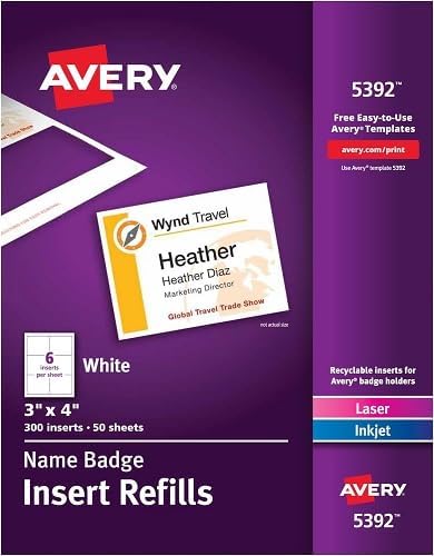 avery dennison 5392 50-sheet 3x4 name badge insert refills 6-up laser/ink jet printer