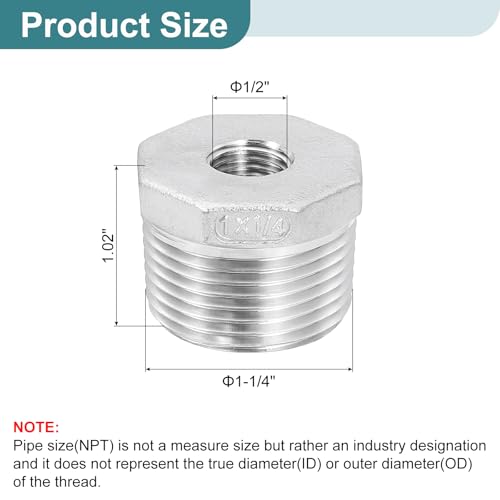 Image of uxcell 1Pcs 1 inch Male to 1 /4 inch Female NPT 304 Stainless Steel Reducer Hex Bushing, Reducing Cast Pipe Adapter Fitting for industrial, oil /gas, water, HVAC, and plumbing systems