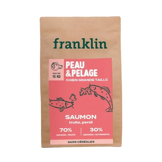 Franklin – Croquettes pour Chien – Gamme Proteinée – avec 70% de Saumon – Mono-protéine – sans Céréales – Peau et Pelage – Forme Triangle 18mm – 15 kg