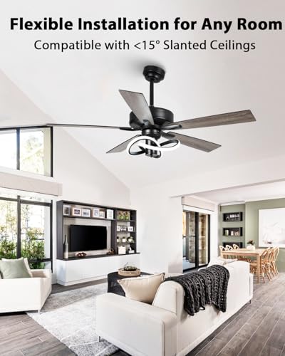 Image of 52 Inch Ceiling Fans with Lights and Remote - Creative Black Modern Ceiling Fan, 3CCT, 6 Speeds, Quiet, Dual-Sided Reversible 5 Blades Indoor Outdoor Chandelier Fan for Bedroom Living Room