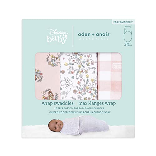 Image of aden + anais Essentials Easy Swaddle Wrap Quick Change with Bottom Zipper, Snug Cotton Knit Baby Wrap Swaddle Blanket for Newborns, TOG 1.0, 3-Pack, Disney Princess, 0-3 Months, Small /Medium