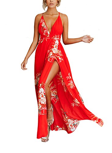 Fflmyuhul I U Women's Strap Floral Print Lace Up Backless Deep V Neck Sexy Split Beach Maxi Dress #TOP3