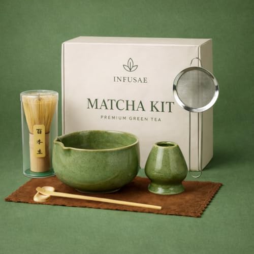 Matcha Whisk Set 7-Piece Matcha Tea Kit Green Ceramic Matcha Bowl (Chawan) with Spout Bamboo Chasen & Scoop Matcha Making Set for Latte Gift for Matcha Lovers (Emerald Green)