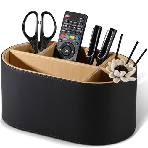 KINGFOM Organiseur de bureau en cuir avec 5 compartiments, organisateur de bureau ovale pour stylos, télécommande et accessoires, noir, pour bureau et bureau à...