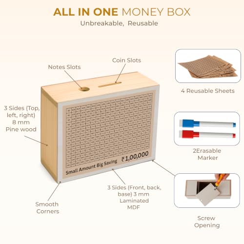 Image of Unbreakable Wooden Money Saving Box for Adults - 1 Lakh Capacity | Reusable Piggy Bank | Money Bank with Amount 100000 | One Lakh Gullak, Kidddy Bank for Kids, Men, Women, Girls, Boys | 1 Yr Warranty