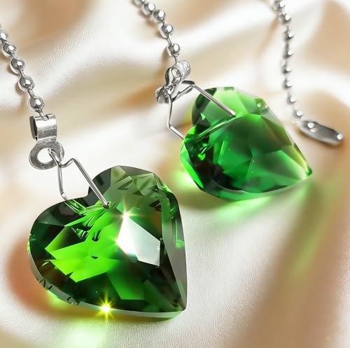 Image of 2Pcs Crystal Ceiling Fan Pull Chain Extender with Connector, 12 inch | K9 Crystal Glass, Not Acrylic, Heart Prism, Cut-To-Length Adjustable, Snap-On Connector For Fan, Light, Lamp (Green)