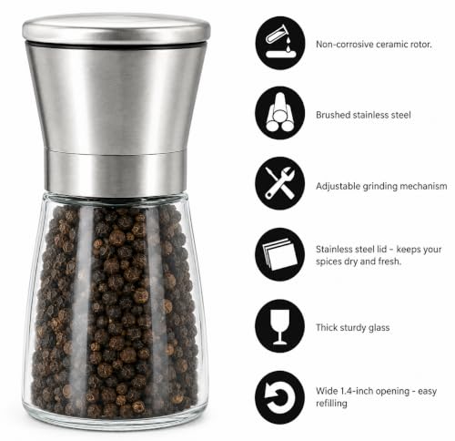 Image of Pack of 2 Pepper Grinder or Salt Shaker for Professional Chef Spice Mill Stainless Steel Adjustable (Small+Tall Pack 2)