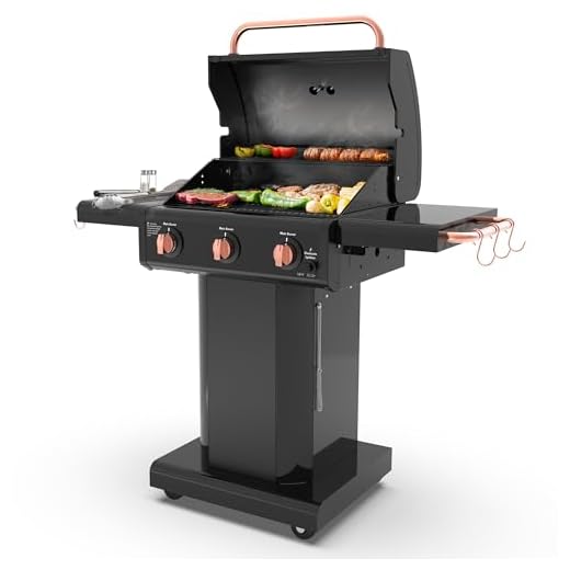 Kenmore 3-Burner Gas Grill | Foldable Side Tables, Cast Iron Cooking Grates, Warming Rack, Hooks for BBQ Grilling Tools, Propane Gas Barbecue Grill, 30,000 BTUs, Black with Copper Accent