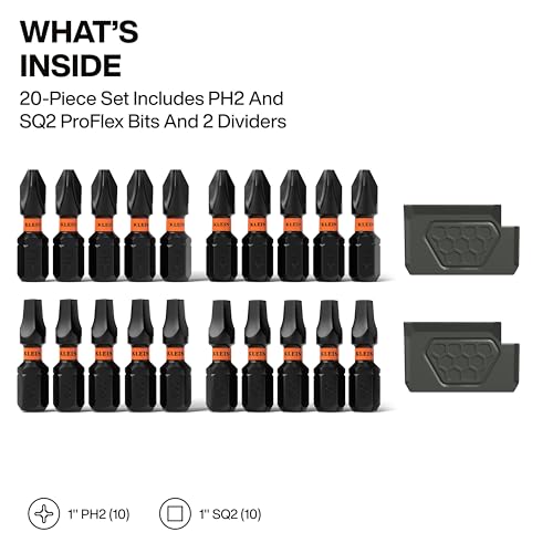 Image of Klein Tools 33002S Impact Driver Bit Set, 20-Piece, Slim PH2 and SQ2 ProFlex Set, MODbox Compatible Storage Case, Phillips and Square Bits, Organizing Bin and Tray