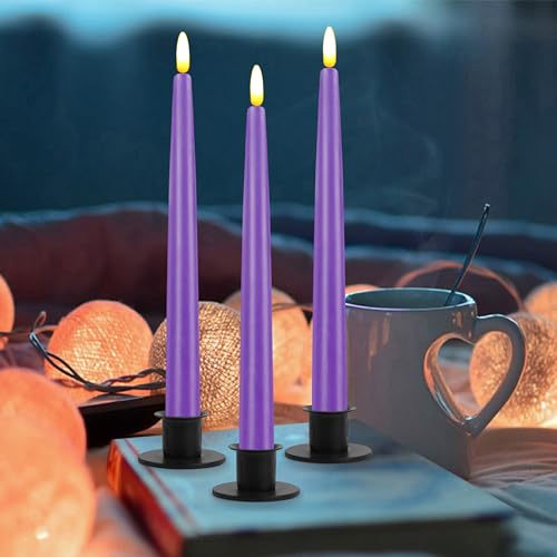Image of CVHOMEDECO. Flameless Taper Candles with 10-Key Remote, Battery Operated Led Flickering 3D Wick Window Candles Real Wax Finished Home Christmas Party Decor 0.78 x 11 Inch, Pack of 3, Purple