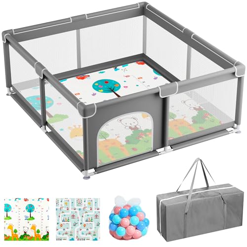 JUPPLIES Parque Infantil Bebe 120x120cm + Alfombra Bebe + 50 Bolas + Bolsas de Transporte – Corralito Bebe con Malla Transpirable – Parque de Juegos Bebe – Playpen Bebe - (Gris V2)