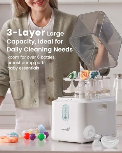 Grownsy 3 Layers Large Capacity Bottle Sterilizer and Dryer, 45% Faster Electric Steam Sterilization, Universal Bottle Sterilizer for Baby Bottles, Breast Pump Parts, Glass & Plastic, Compact Design