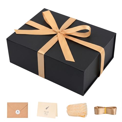 Image of LIFELUM Black Gift Box 9.5 x 7 x 3.5 inch, 1 Pack Luxury Gift Box with Magnetic Lid, Greeting Card, Ribbon and Paper Filler for Birthday, Anniversary, Graduation Gifts