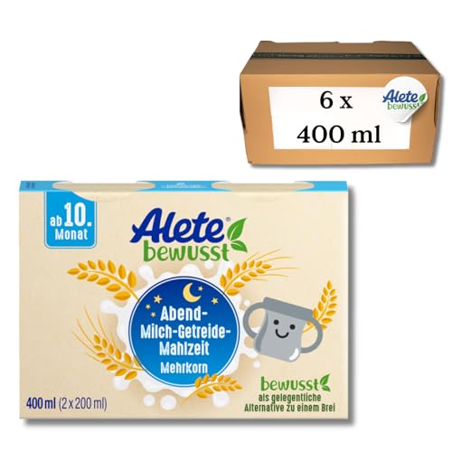 Alete bewusst Abend-Milch-Getreide-Mahlzeit Mehrkorn, ab dem 10. Monat, trinkfertige Babynahrung mit Vollkornhafer, Ersatz zu Babybrei, warm oder kalt trinken, 6 x 400 ml (2 x 200 ml)