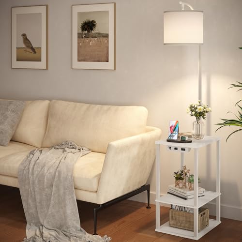 Image of SUNMORY Floor Lamp with Table, End Table for Living Room with Lamp, Shelves Side Table with Charging Station(USB & AC Port), 3 Color Temperature LED Bulb, Modern Nightstand Lamp for Bedroom, Office